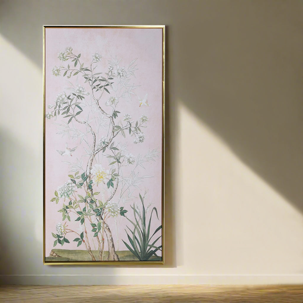 This large vertical canvas showcases a refined chinoiserie design beautifully set against a soft pink background.A gold gilted wooden frame lifts the entire picture giving a touch of elegance to add to your walls.&nbsp; Add ambience and character to your living room, bedroom, dining area, or hallway with these refined prints.We have a range of prints of different subjects and sizes on our website for you to peruse - well worth a look.