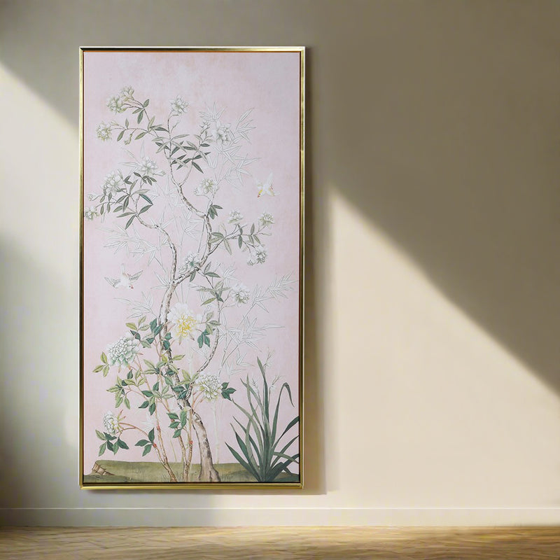 This large vertical canvas showcases a refined chinoiserie design beautifully set against a soft pink background.A gold gilted wooden frame lifts the entire picture giving a touch of elegance to add to your walls.&nbsp; Add ambience and character to your living room, bedroom, dining area, or hallway with these refined prints.We have a range of prints of different subjects and sizes on our website for you to peruse - well worth a look.
