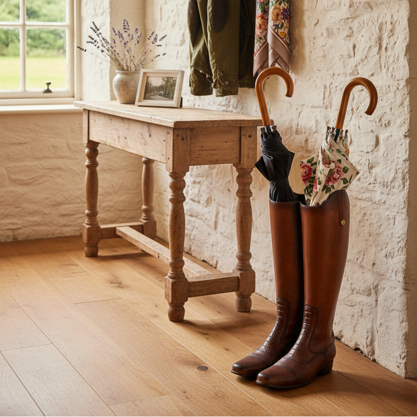 An umbrella stand with a design offering a vintage or quirky look for a hallway. This could serve both an aesthetic and practical function, keeping umbrellas neatly stored 