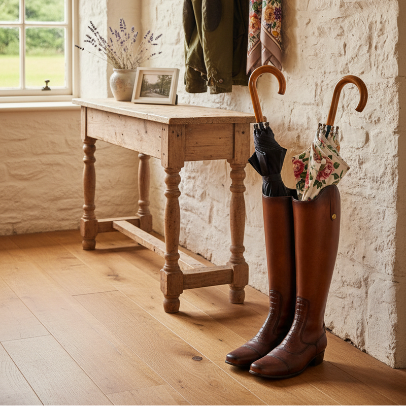 An umbrella stand with a design offering a vintage or quirky look for a hallway. This could serve both an aesthetic and practical function, keeping umbrellas neatly stored 