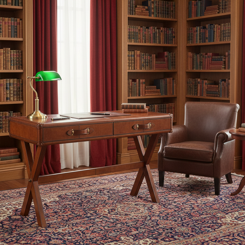 Wooden desk with a green lamp in a room with bookshelves and a leather chair.