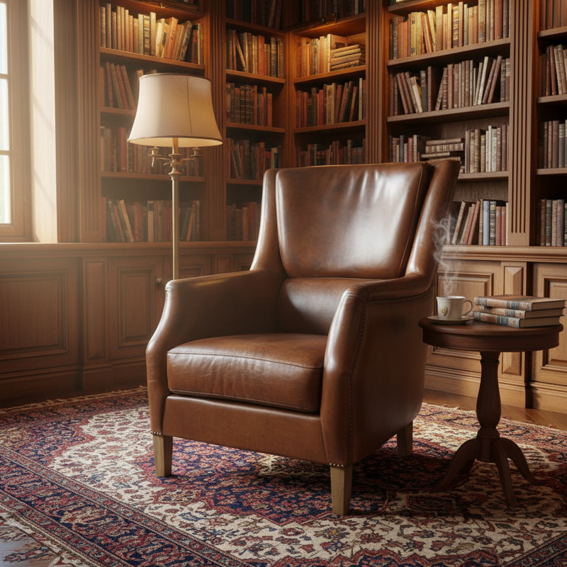 This is a leather reading armchair, designed with both style and comfort in mind, offering a sophisticated and classic look. Perfect for a library room or studio room