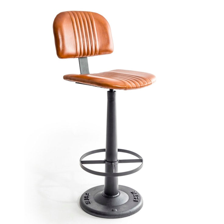 Brown leather bar stool on an iron black metal base and seat that swivels. A vintage look. Stylish and functional. A choice for home bars, kitchens, or commercial spaces like pubs 