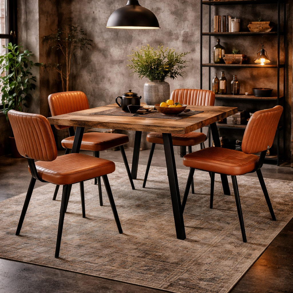 Ribbed Dark Leather Dining Chair with Black Iron Frame