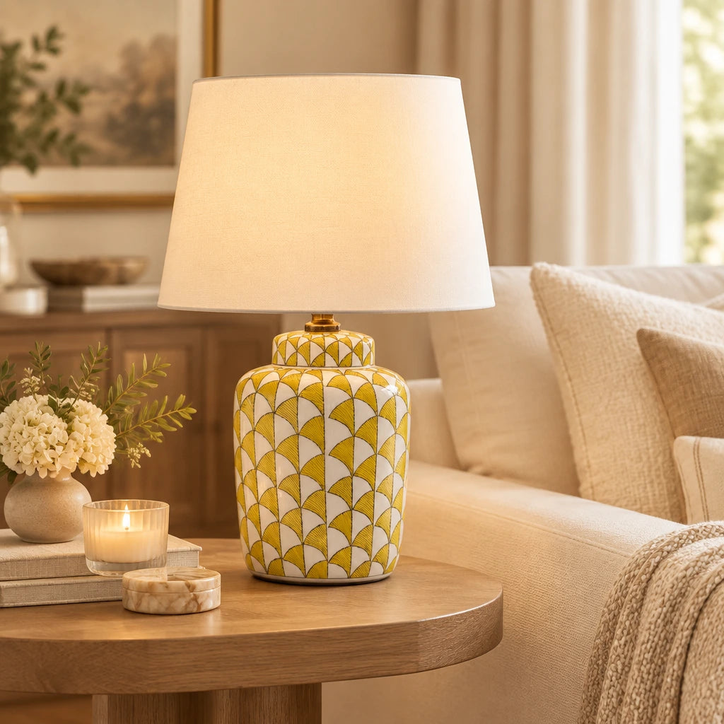 Lemon and white coloured, urn shaped ceramic lamp with a bright white fabric shade. 