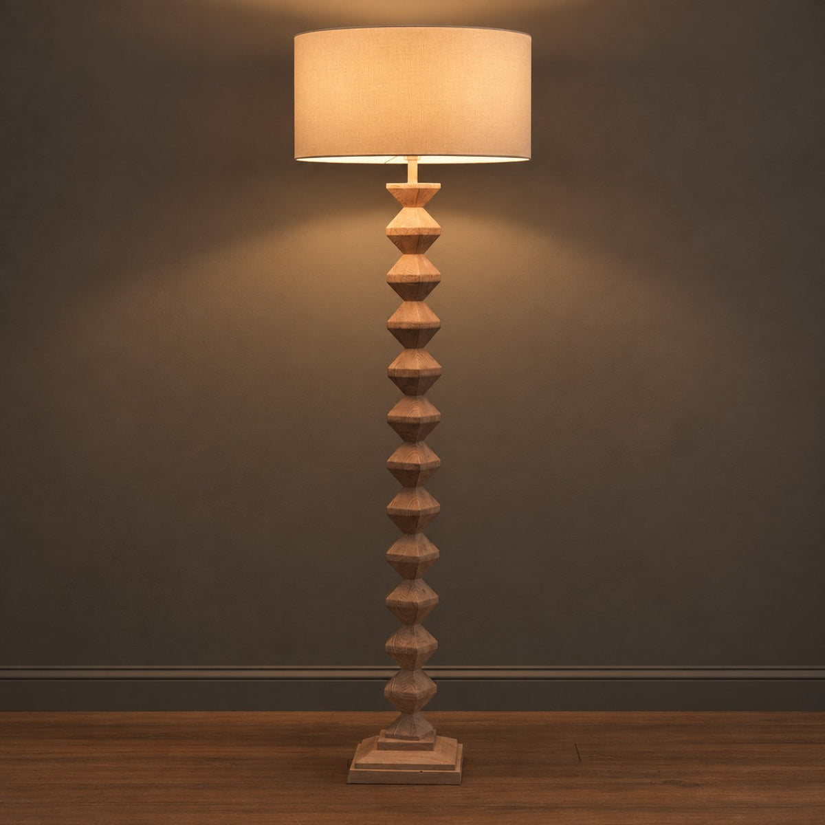 Carved Wooden Floor Lamp and Shade