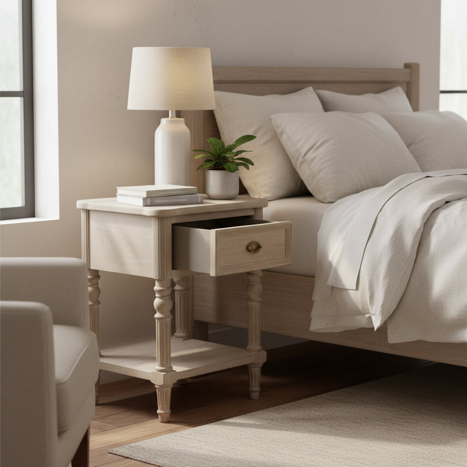 Bedside table with drawer and shelf. This is a very pretty hardwood piece made from Mindi wood, finished in an ash lime wash veneer finish.  This bedside table is perfect for any bedroom or hall 