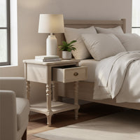 Bedside table with drawer and shelf. This is a very pretty hardwood piece made from Mindi wood, finished in an ash lime wash veneer finish.  This bedside table is perfect for any bedroom or hall 