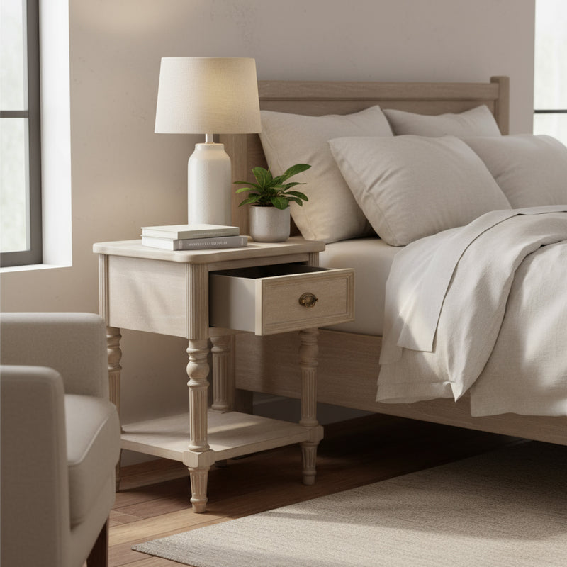 Bedside table with drawer and shelf. This is a very pretty hardwood piece made from Mindi wood, finished in an ash lime wash veneer finish.  This bedside table is perfect for any bedroom or hall 