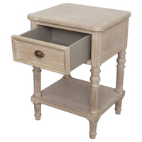 Bedside table with drawer and shelf. This is a very pretty hardwood piece made from Mindi wood, finished in an ash lime wash veneer finish.  This bedside table is perfect for any bedroom or hall 