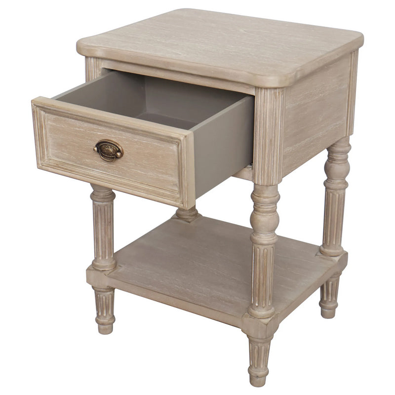 Bedside table with drawer and shelf. This is a very pretty hardwood piece made from Mindi wood, finished in an ash lime wash veneer finish.  This bedside table is perfect for any bedroom or hall 