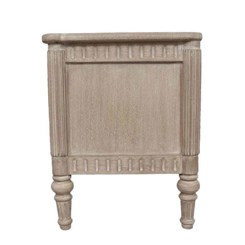 A classic low TV unit. This is a very pretty hardwood piece made from Mindi wood, finished in an ash lime wash veneer finish