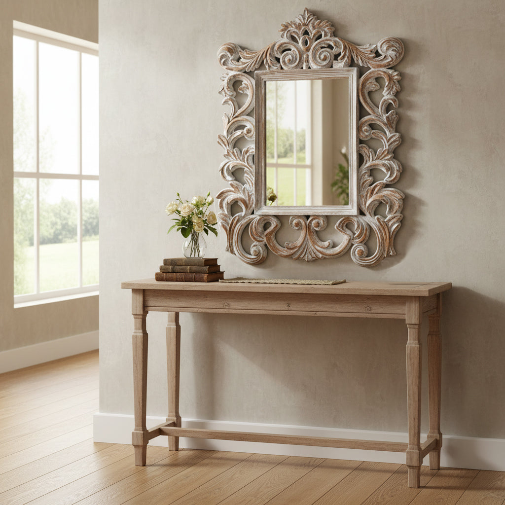 Whether styled in a hallway, bedroom, landing, or above a fireplace, this decorative wall mirror blends classic detailing with understated sophistication, perfect for creating a warm, character-filled space.