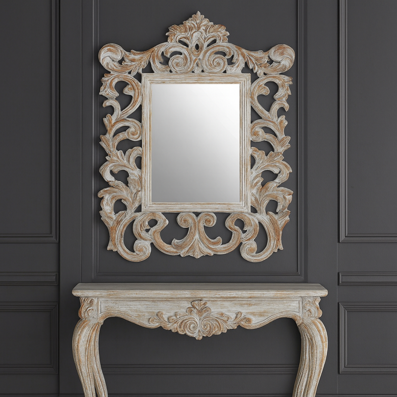 Limewashed Wooden Ornate Mirror H: 112 cm