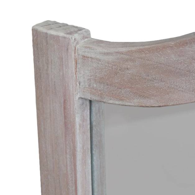 A solid hardwood mirror made from bleached mahogeny wood with ash veneers in a white wash finish. The frame has a light finish, giving it a rustic, vintage feel.