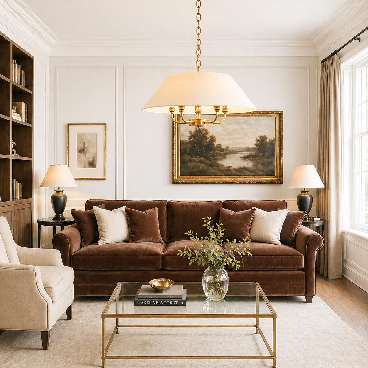 Classic shaded brushed gilt chandelier with 5 lights in a living room