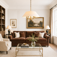 Classic shaded brushed gilt chandelier with 5 lights in a living room
