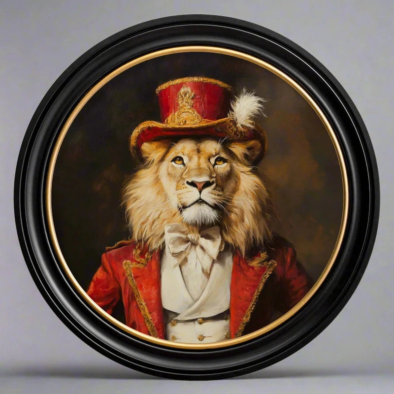 &nbsp;Large round circus lion print in a classic black and gilt frame, exceptional size of this print will make a huge impact on any wall. One of the larger round framed prints that we have in our collection.&nbsp; A statement print of a beautiful subject, a lion dressed in Victorian circus master garb, a really colourful, vibrant subject that would grace any interior. The are quite a few&nbsp; prints on our website in lots of different size frames for you to choose from. The Circus Master lion is one of a 