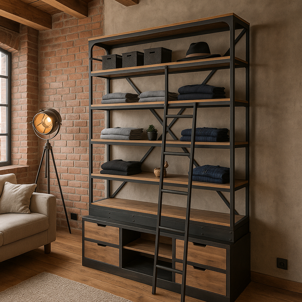 Upgrade your home or office with this industrial bookcase with ladder, &nbsp;a statement piece that combines function and style. Built with a sturdy black metal frame and rustic wood shelves, this metal and wooden shelving unit offers the perfect balance of durability and modern design.

The sliding ladder makes reaching the higher shelves effortless, while the four drawers and two open cubbie holes&nbsp;at the base provide versatile storage for books, décor, or everyday essentials. Whether used as a rustic