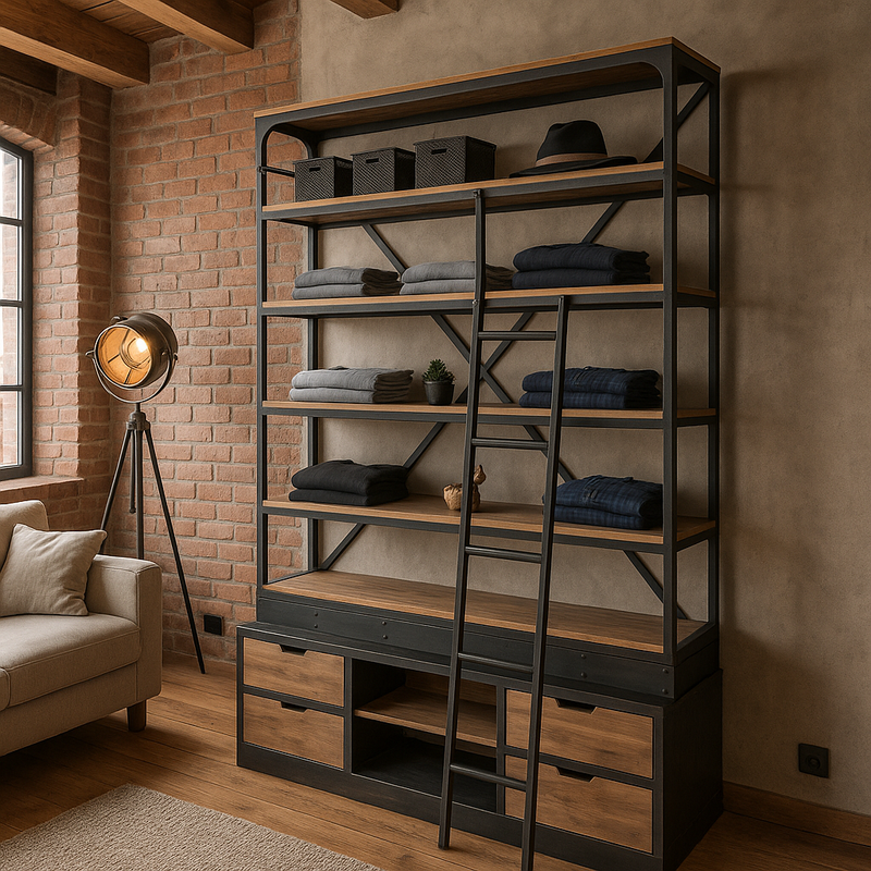 Upgrade your home or office with this industrial bookcase with ladder, &nbsp;a statement piece that combines function and style. Built with a sturdy black metal frame and rustic wood shelves, this metal and wooden shelving unit offers the perfect balance of durability and modern design.

The sliding ladder makes reaching the higher shelves effortless, while the four drawers and two open cubbie holes&nbsp;at the base provide versatile storage for books, décor, or everyday essentials. Whether used as a rustic