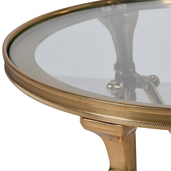 Antique brass and glass occasional table with multi support legs and struts.&nbsp; A really stunning statement side table that will add a lot of style to your sitting room.&nbsp; The main support of 3 antique brass footed legs is complimented by cross braces to give an architectural look. Exceptional quality and a nod to an Empire design.