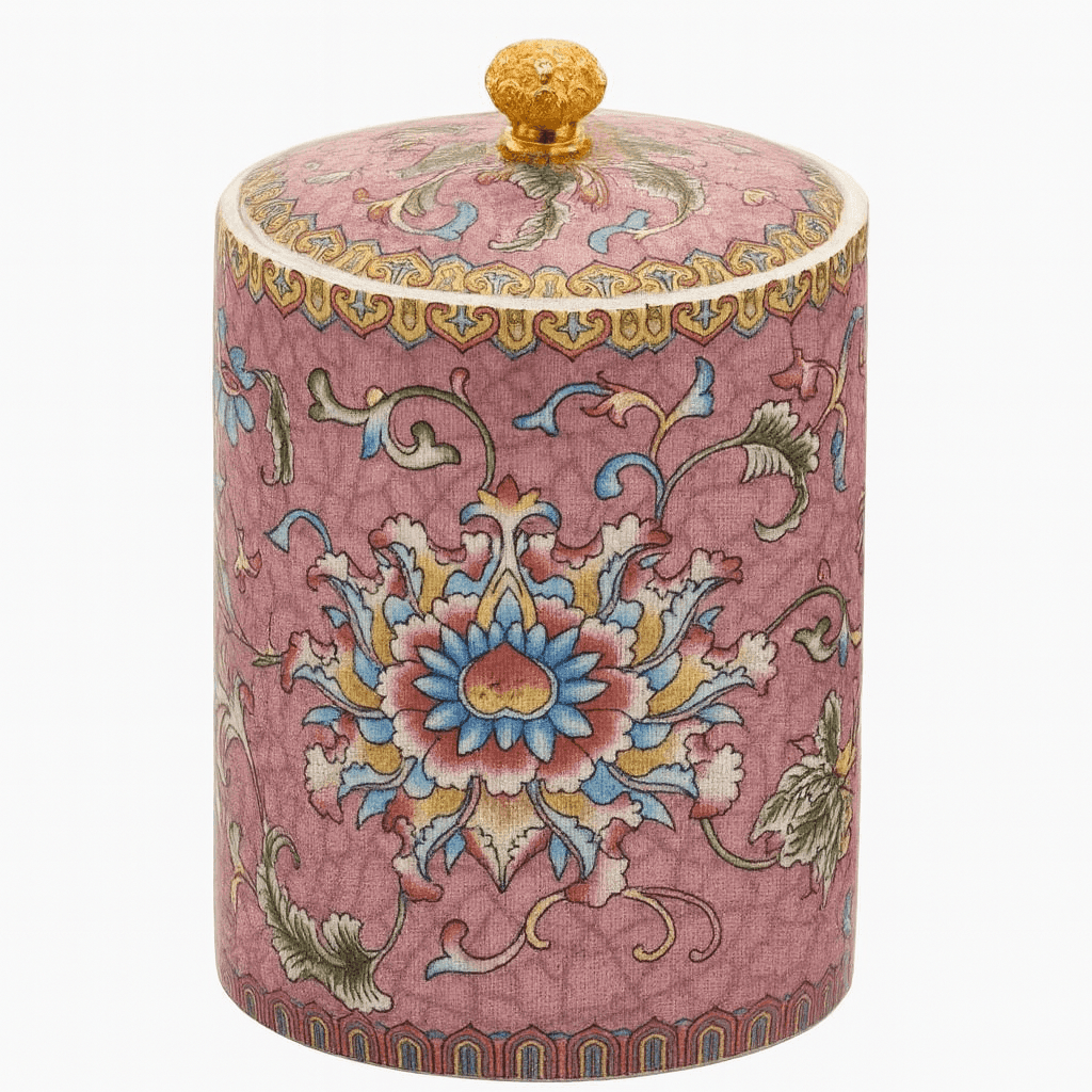 Handcrafted ceramic candle jar with ornate floral details and gold accents, scented with Mandarin and Matcha.