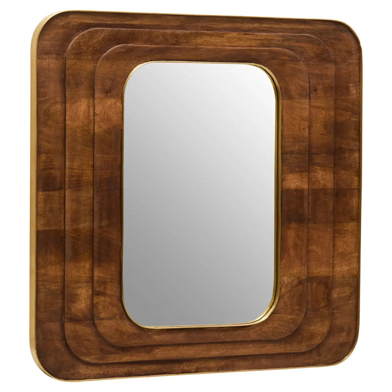 Stunning layered mango wood mirror with brass outer and inner band. Exceptional quality square mirror in a beautiful, rich warm tones in a stacked design.&nbsp; The layering adds to the depth and gives a three dimensional feel to the frame.&nbsp; This mirror will be a statement wherever its place, perfect in a hall, living room or bedroom and will add warmth to any interior.