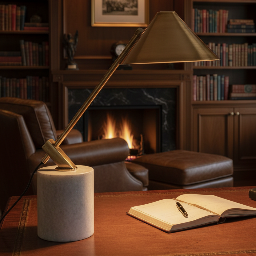 Marble and brass table / desk lamp in a library room
