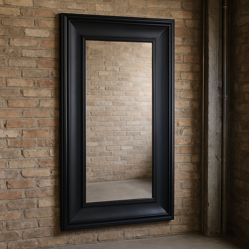 A really chunky framed black wooden mirror in an extra large size.&nbsp; &nbsp;A matte black painted frame, extra large with a sleek modern appearance.&nbsp; The frame has a wood grain feature and a beveled angled profile with a recessed inner border to create a classic elegant look.&nbsp; The mirror is extra large and and can be wall hung or leant against a wall.&nbsp; This is a really substantial mirror and would work well in a space that needs a lot of light, in a living room, hall or bedroom, would look
