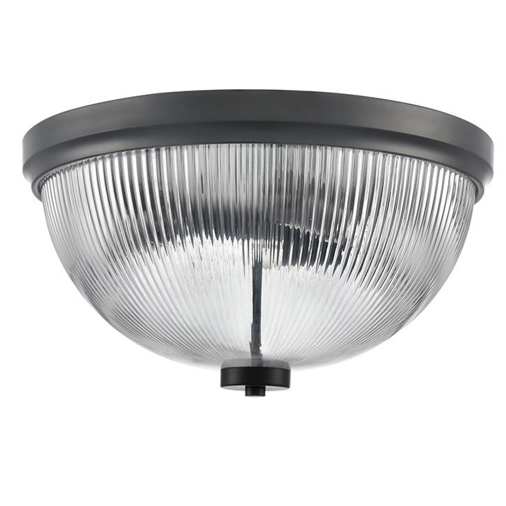 Flush mount ceiling light fixture with a ribbed clear glass shade and a matt black metal frame