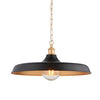 Modern pendant featuring a matt black finish in a chain. This wide disc pendant light is a striking, contemporary lighting fixture that combines sleek design with industrial charm. 
