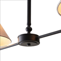 Matt Black Two Light Linear Pendant with black metal frame and tapered fabric shades, ideal for dining rooms or kitchen islands.