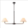 Matt Black Two Light Linear Pendant with black metal frame and tapered fabric shades. Ideal linear ceiling light for dining rooms or kitchen islands.