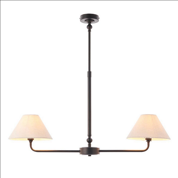 Matt Black Two Light Linear Pendant with black metal frame and tapered fabric shades. Ideal linear ceiling light for dining rooms or kitchen islands.