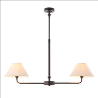 Matt Black Two Light Linear Pendant with black metal frame and tapered fabric shades. Ideal linear ceiling light for dining rooms or kitchen islands.