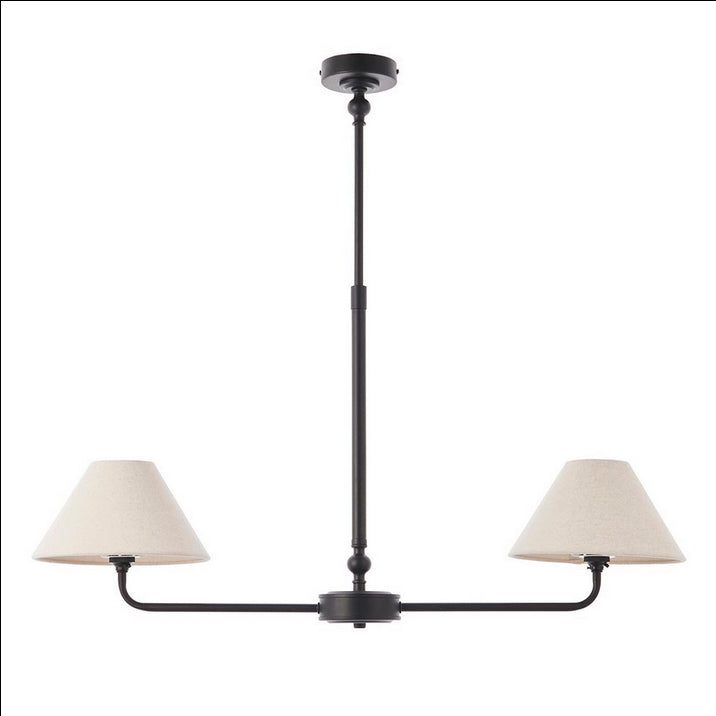 A refined ceiling light featuring an matt black frame with two gently curved arms, each supporting a classic tapered fabric shade. Its elegant symmetry and warm metallic finish bring understated sophistication to any space.
Ideal over dining tables, kitchen islands, or breakfast bars where focused yet ambient lighting is needed. Its slim linear form makes it perfect for narrower spaces or areas requiring balanced illumination.