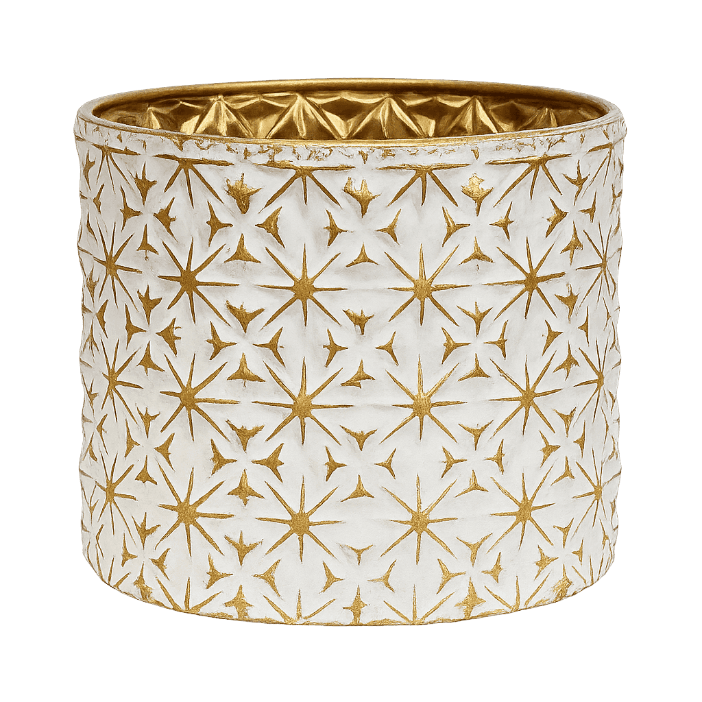 White Gold Metal Planter with embossed star design for festive decor