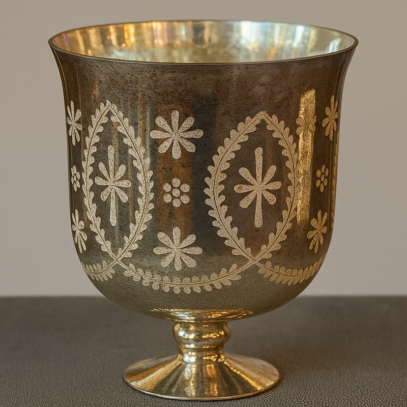 This stunning silver mercury glass vase features a classic goblet shape elevated on a graceful pedestal base.