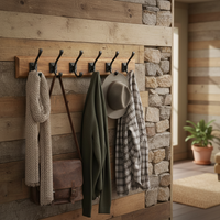 Wooden wall-mounted coat rack with hooks in a hallway wall.