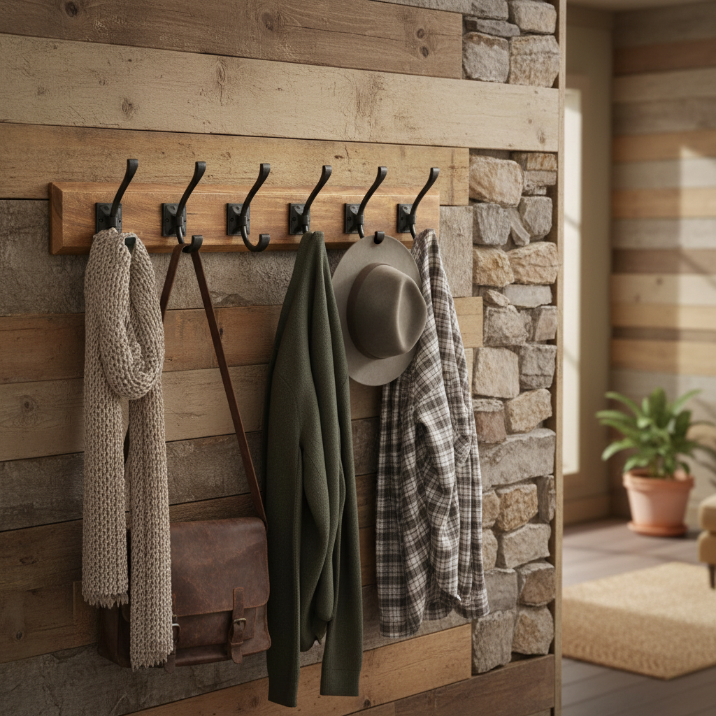 Wooden wall-mounted coat rack with hooks in a hallway wall.
