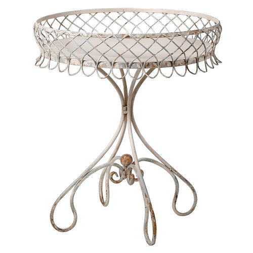 <p>Tall, white metal outdoor or conservatory table. With a decorative galleried top on four legs.&nbsp; Filled with plants or two large glasses of red, this table is perfect outdoors or inddors.<br></p> <p>&nbsp;</p>