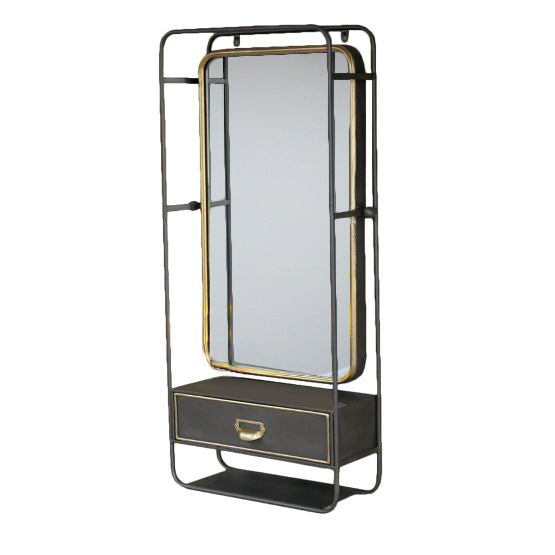 Metal swivel mirror set in dark metal casing with drawer, accented in brushed brass colour. Useful wall mounted mirror with the addition of a small drawer, perfect for your hall or bedroom.&nbsp;