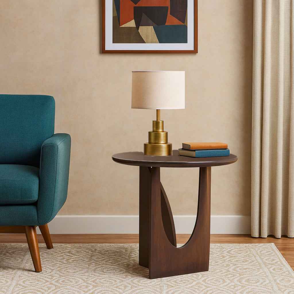Modern side table with wooden base and beige lamp