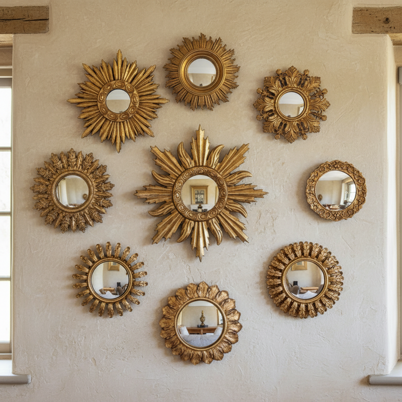 Sun shaped mini convex gold framed mirrors which come in an assortment of sizes. This is a fantastic price and range which takes the headache out of creating your own wall assortment.