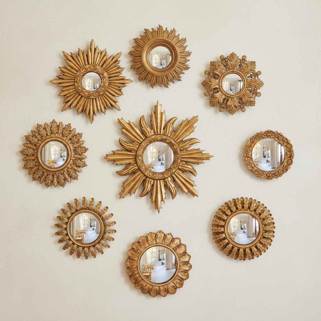 Sun shaped mini convex gold framed mirrors which come in an assortment of sizes. This is a fantastic price and range which takes the headache out of creating your own wall assortment.