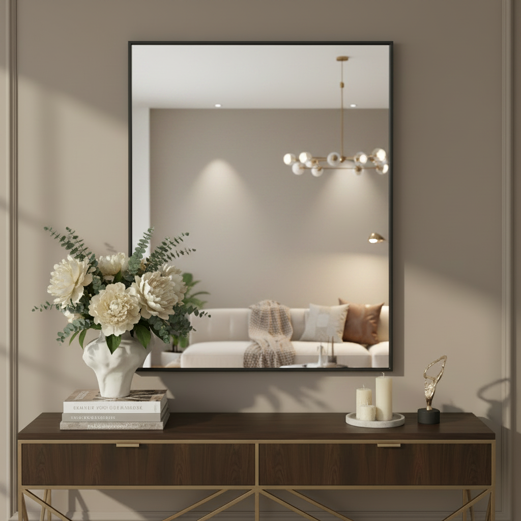 A large black iron mirror with minimal frame and lots of glass to reflect and enlarge your space.