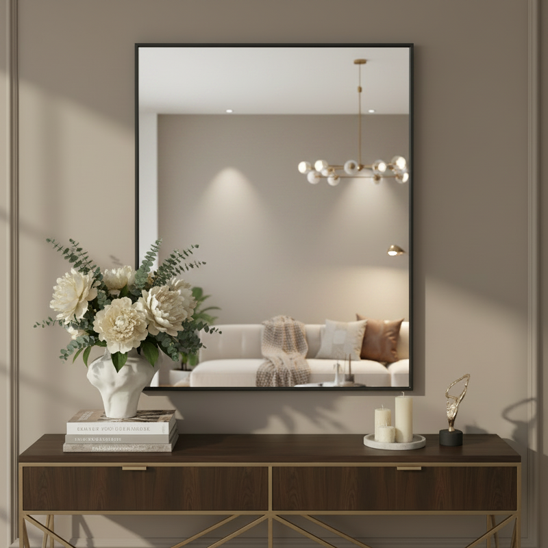 A large black iron mirror with minimal frame and lots of glass to reflect and enlarge your space.