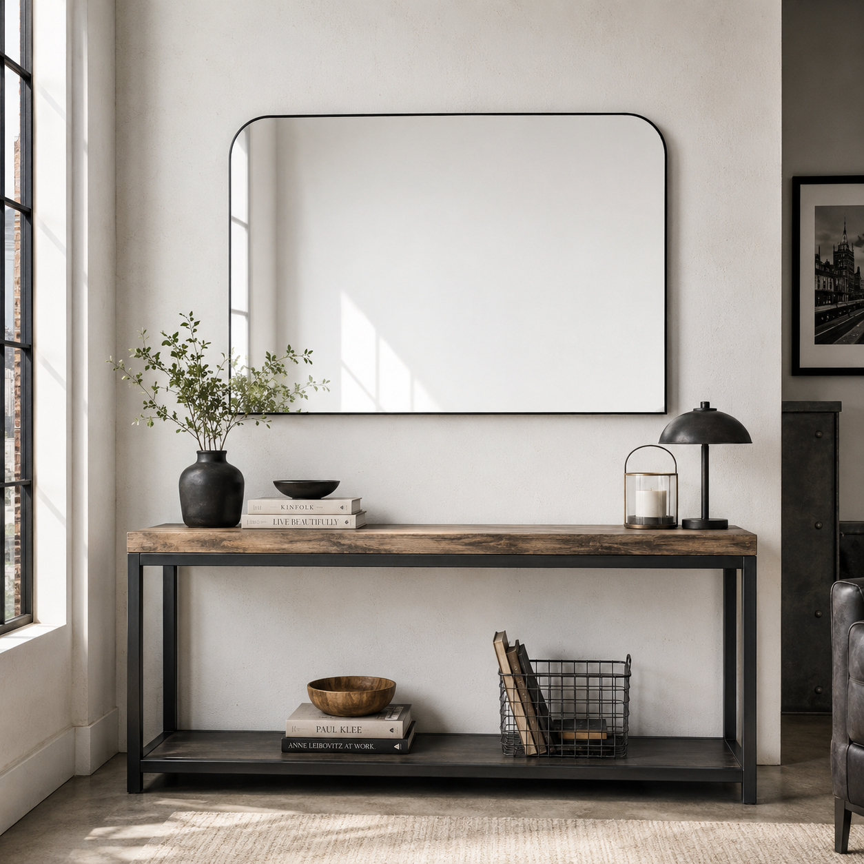 Minimal Black Framed Overmantle Mirror