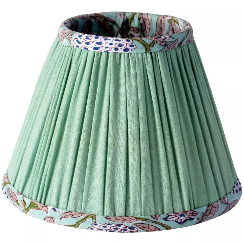 Cotton tapered lamp shade in mint green with pleated design and floral trim, ideal for vintage or modern interiors. Available in 40cm, 35cm, and 20cm sizes.