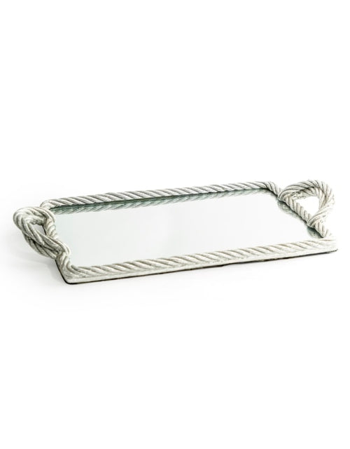 Rectangular mirrored antique silver metal tray with rope design
